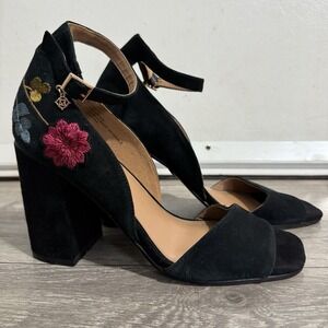 Nanette Lepore Martina Embroidered Black Suede Leather Block Mary Jane heels 7.5